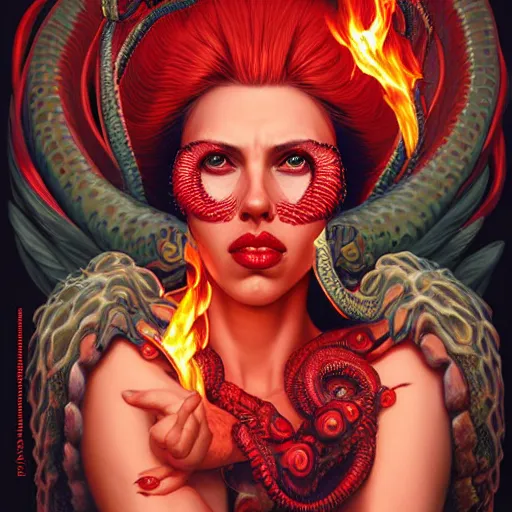 Image similar to queen of hell portrait of scarlett johansson, fire and flame, big long hell serpent octopus, Pixar style, by Tristan Eaton Stanley Artgerm and Tom Bagshaw.