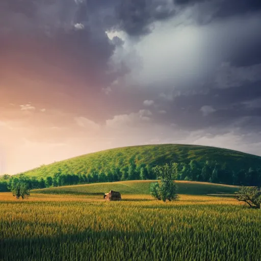 Image similar to haystack on a field, traditional hungarian landscape, dramatic lighting, beautiful, volumetric lighting, colorful, octane render