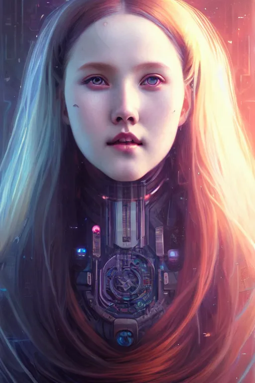 Image similar to portrait painting of olivia hye loona cyberpunk netrunner smiling, ultra realistic, concept art, intricate details, eerie, highly detailed, photorealistic, octane render, 8 k, unreal engine. art by artgerm and greg rutkowski and magali villeneuve and alphonse mucha