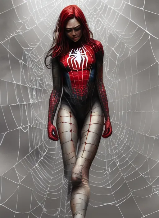 Image similar to spiderwoman covered with spider webs, hyper detailed, digital art, trending in artstation, cinematic lighting, studio quality, smooth render, unreal engine 5 rendered, octane rendered, art style by klimt and nixeu and ian sprigger and wlop and krenz cushart