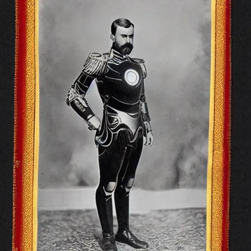 Prompt: tsar nicholas ii as iron man, historical photograph, highly detailed, full length portrait