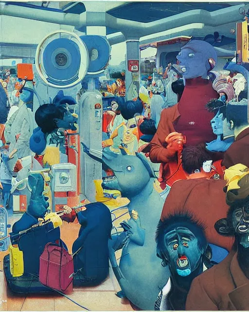 Prompt: square people conversing with blue dogs at a gas station with large oxygen tank in the style of Francis Bacon and Syd Mead and Norman Rockwell and Beksinski, open ceiling, highly detailed, painted by Francis Bacon and Edward Hopper, painted by James Gilleard, surrealism, airbrush, very coherent, triadic color scheme, art by Takato Yamamoto and James Jean