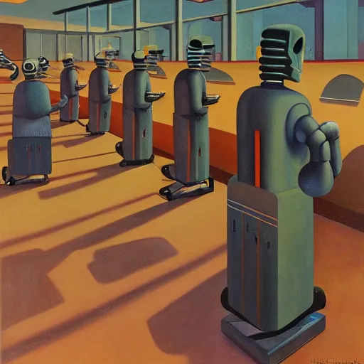 Prompt: human workers being reprogrammed at a mind control center, robot guards, grant wood, pj crook, edward hopper, oil on canvas