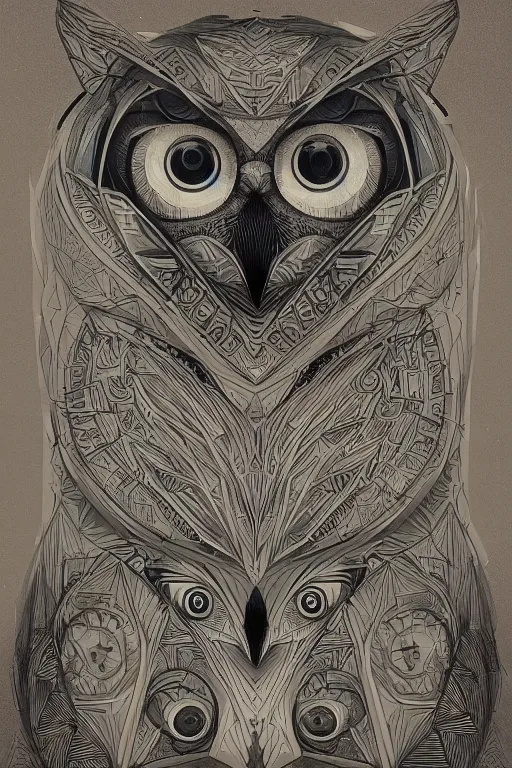 Prompt: portrait of a geometric owl, identical eyes, medium shot, fantasy, illustration, detailed line work, symmetrical, artstation, hyperdetailed, cinematic lighting, insanely detailed and intricate, ornate, by peter mohrbacher