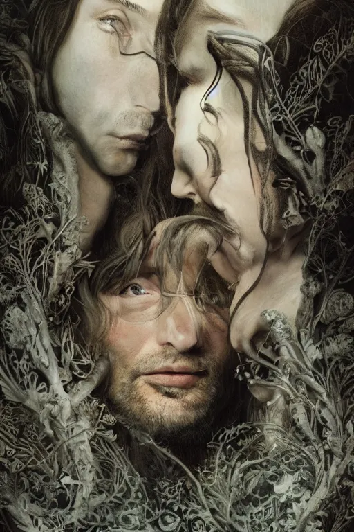 Image similar to A pre-raphaelite portrait of Mads Mikkelsen, surreal, ultradetailed, intricate, elegant, digital art painting, concept art, smooth, sharp focus, poster art, art cover illustration, regal, award winning picture, extremely detailed masterpiece, sense of awe, featured on artstation, Artgerm, effervescent punk kawaii-noir pastel bubbles, winning award piece, ethereal rainbows, Aetherpunk, low-key neon lightning, stormy weather, Exquisite details, 8K detail post-processing, matte, oil painting