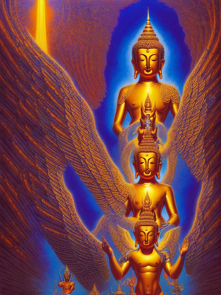 Prompt: a dmt blue and golden angel goddess buddha hindu entity thai architecture, iridescent, tim hildebrandt, wayne barlowe, bruce pennington, donato giancola, trending on artstation, cinematic composition, beautiful lighting, hyper detailed, 8 k, oil on canvas