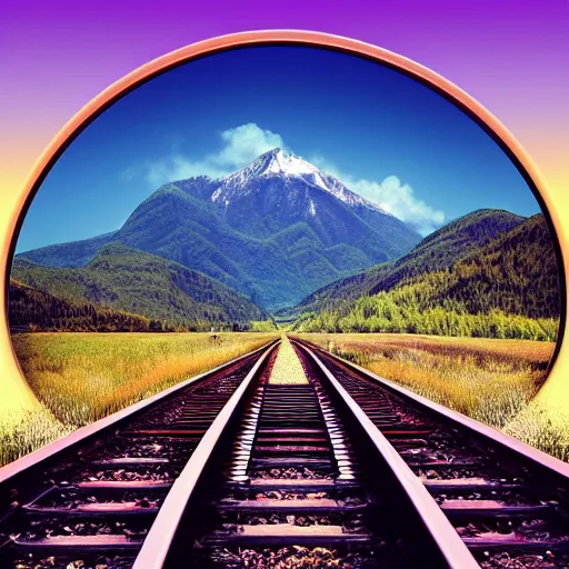 Prompt: a train track going through a tunnel with mountains in the background, an album cover by rhads, unsplash contest winner, neo - romanticism, aesthetic, windows vista, outrun