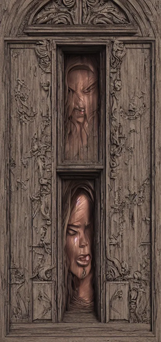 Prompt: a womans faced carved into a wooden door, intricate Details, raphael lacoste, eddie mendoza, alex ross, john howe, concept art, matte painting, highly detailed, rule of thirds, dynamic lighting, cinematic, detailed, denoised, centerd, clean render