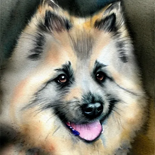 Prompt: a keeshond puppy watercolor painting by jean - baptiste monge, muted colors