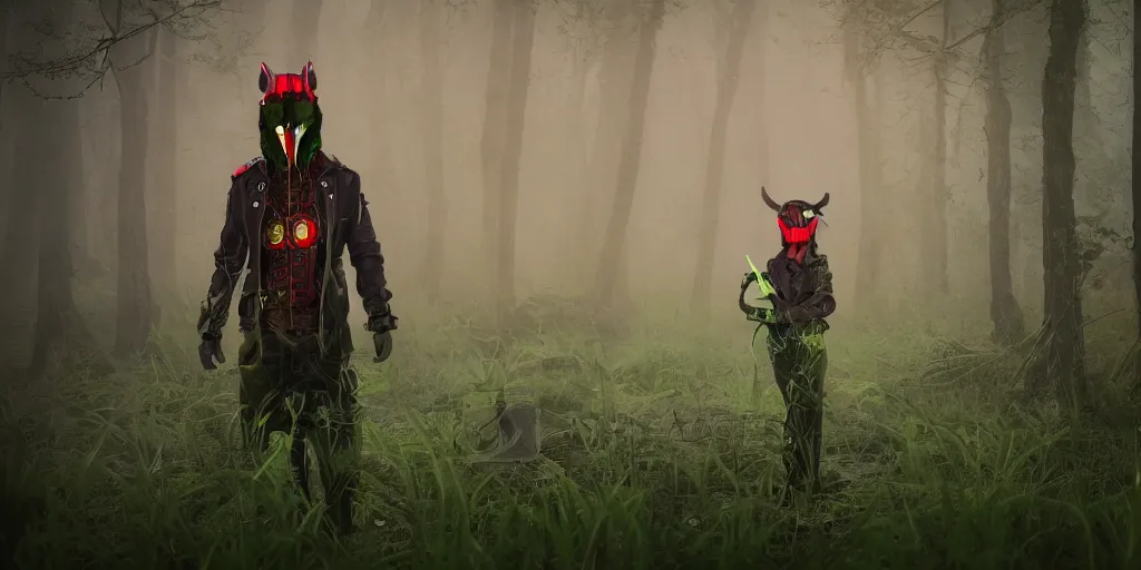 Image similar to inside of lush summer green landscape a strange gamekeeper wearing a steampunk and cyberpunk mechanical fluorescent mystical animal mask and red hood. walking in the misty swamp. in style of fornite game. night fog, matte painting, beautiful render, octane render, concept art