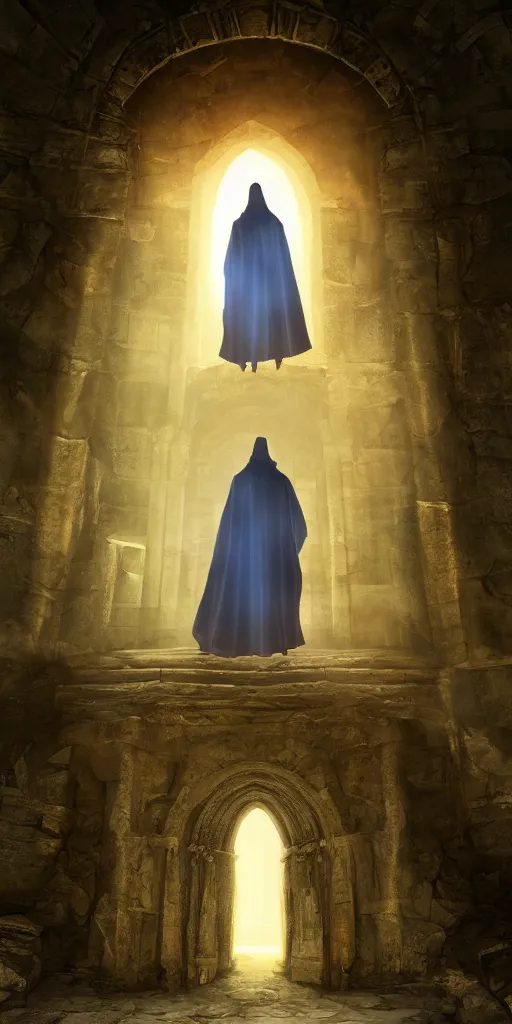 Prompt: a wizard in a cloak standing in front of an ancient portal to wisdom, tall door, high ceiling, magic light, light beam, cinematic atmosphere, high definition, ultra detailed