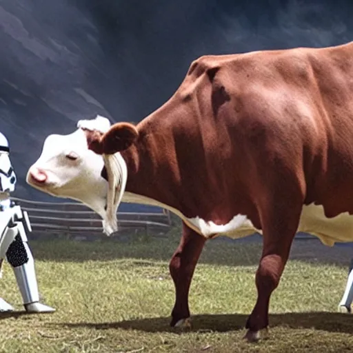 Image similar to a cow interrupts star wars episode 4, movie still, highly detailed,