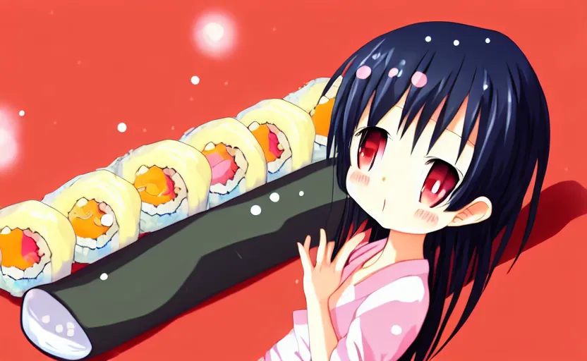 Image similar to very cute anime girl that is rolled up in a big piece of sushi, head sticking out of a sushi roll, nori, full body shot, cinematic wallpaper, highly detailed, clear, sharp, 4 k, 8 k