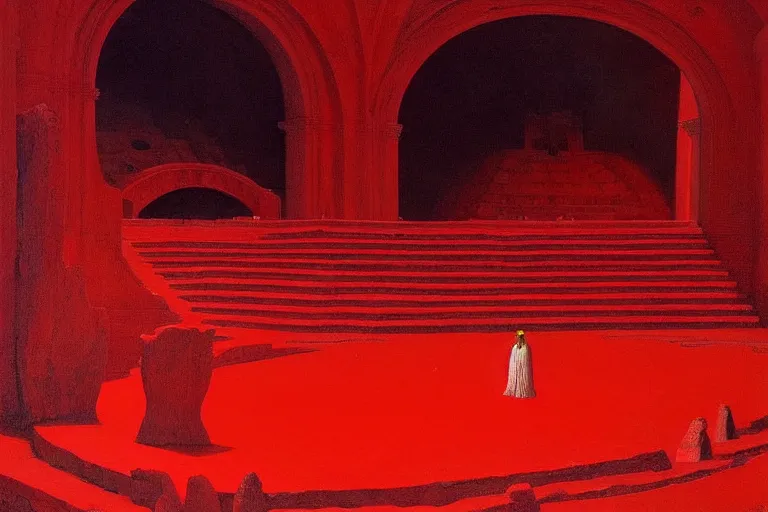 Image similar to only with red, a red melted emperor, taormina amphitheatre, crowd hails him, in the style of beksinski, parts by edward hopper, parts by rodcenko, parts by yue minjun, intricate and epic composition, red by caravaggio, insanely quality, highly detailed, masterpiece, red light, artstation, 4 k