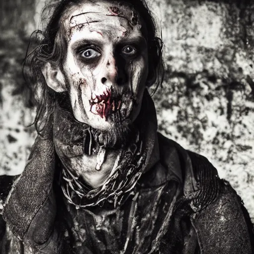 Image similar to head and shoulders vogue fashion photo portrait of a decaying male medieval villager zombie in a dark nighttime medieval graveyard, d & d