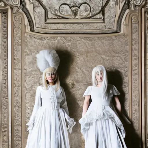 Image similar to photograph of two women with baroque white dresses and white baroque wigs in a hall, candle light fashion photography