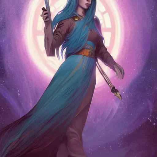 Prompt: a beautiful tarot card of sona with teal colored hair with deep red highlights as a jedi, space fantasy, in the style of magic the gathering, intricate, elegant, highly detailed, digital painting, artstation, concept art, matte, sharp focus, illustration, art by greg rutkowski and alphonse mucha