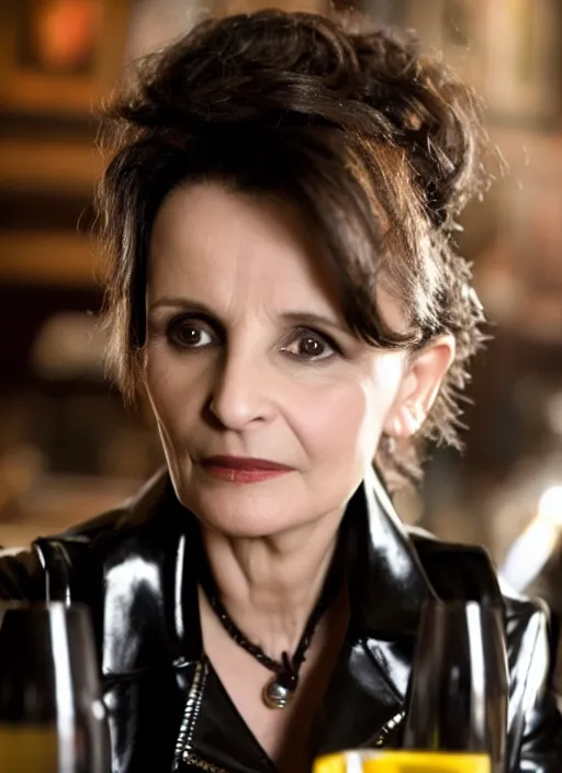 Image similar to head to shoulder portrait Juliette Binoche wearing black latex coat in a bar. In the syle of a film noir movie.