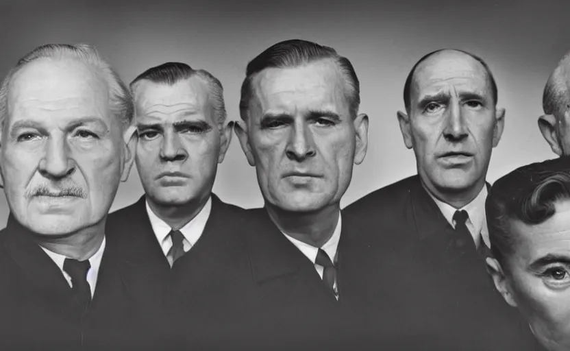 Image similar to 50s movie still close-up portrait of three individual elder soviet marshal with very diverses faces in a stalinist style hall, by Irving Penn, Cinestill 800t 50mm black and white, heavy grainy picture, very detailed, high quality, 4k, HD criterion, precise texture, facial precision, diverse haircuts, diverse ages, each faces precisely define