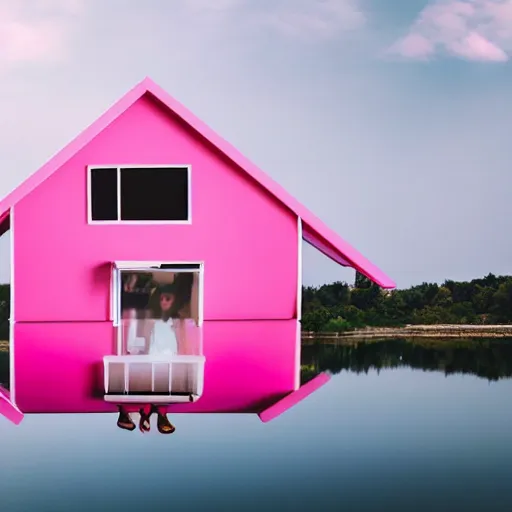 Image similar to a 5 0 mm lens photograph of a cute pink floating modern house, floating in the air between clouds, inspired by the movie up, held up from above by a heart - shaped ballon. mist, playful composition canon, nikon, award winning, photo of the year