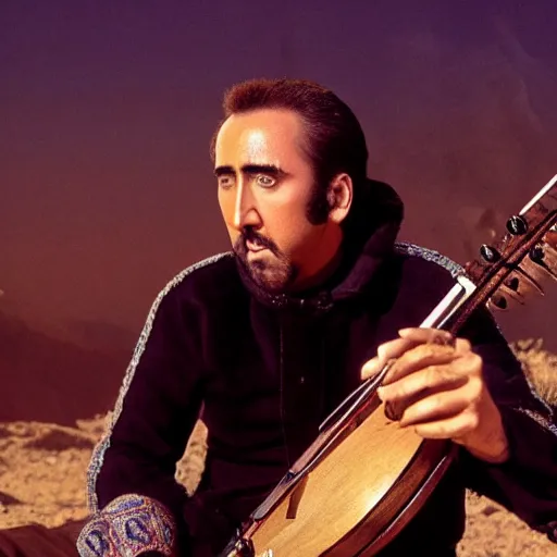 Image similar to Nicolas Cage as berber musicians, smoking hashish and playing string instruments in a dusty, sunny environment, a frame from an early star wars movie