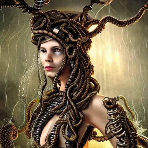 Image similar to photorealistic portrait of a steampunk gorgon medusa with borg implants and mechanical snakes coming out of her head. She is standing under a waterfall. very detailed, 8k