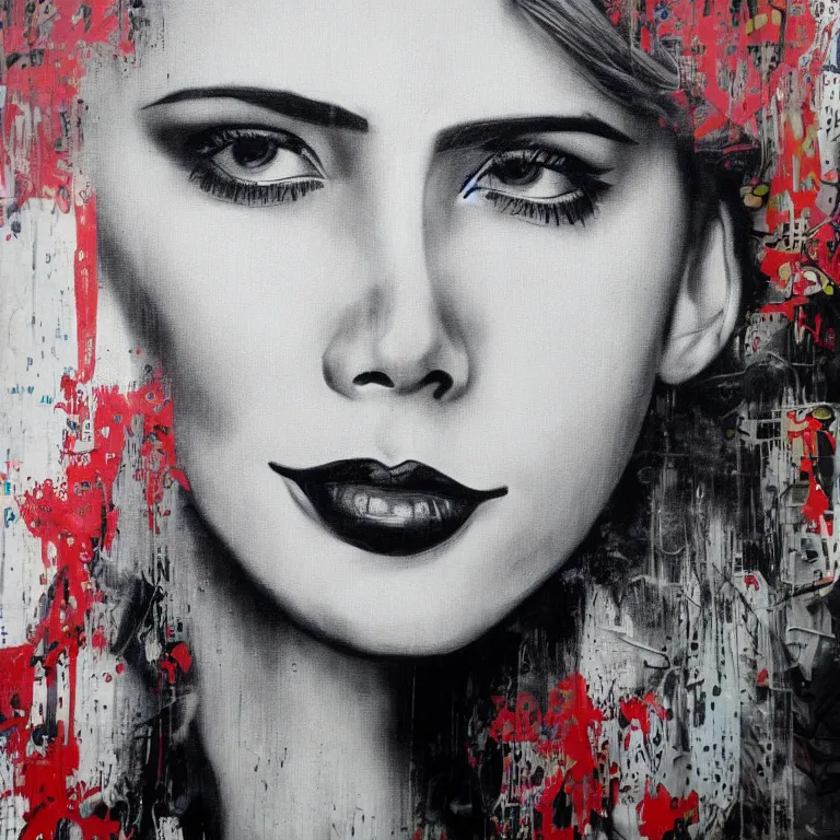 Image similar to Detailed street-art portrait of Scarlett Ingrid Johansson in style of Eduardo Korba, detailed face, high quality