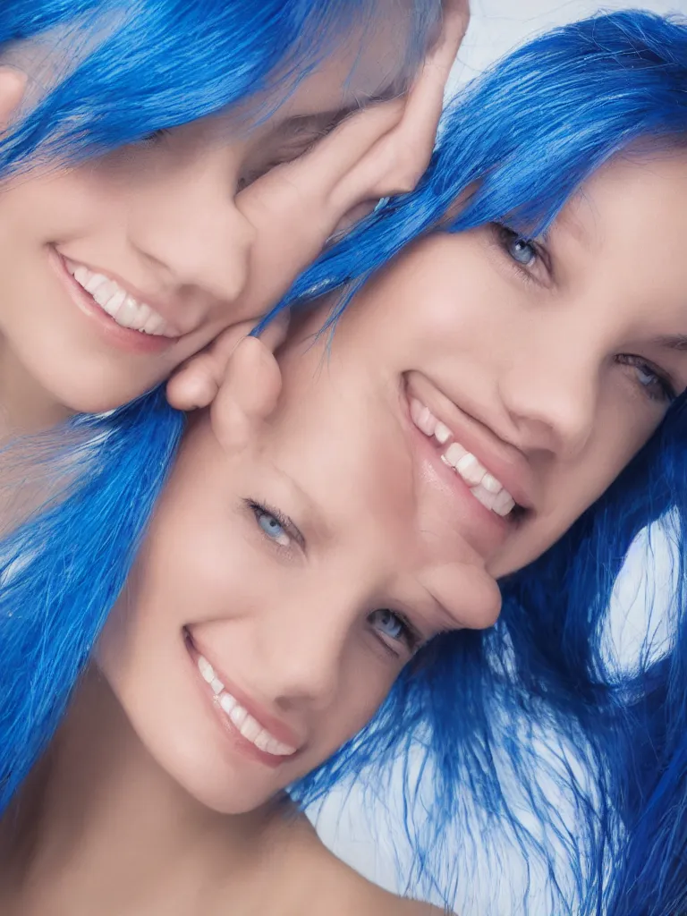 Image similar to Portrait of a woman with blue hair smiling, ultra-realistic, HD, headshot