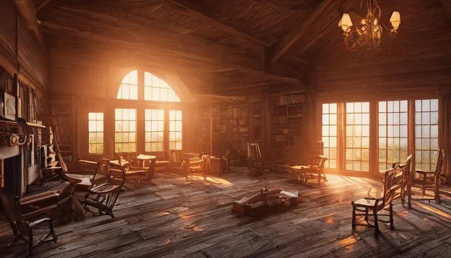 Prompt: old 1 8 0 0's chalet with dusty floor, old library with sunset light through dusty windows, old fireplace, old chairs, hyperdetailed, artstation, cgsociety, 8 k