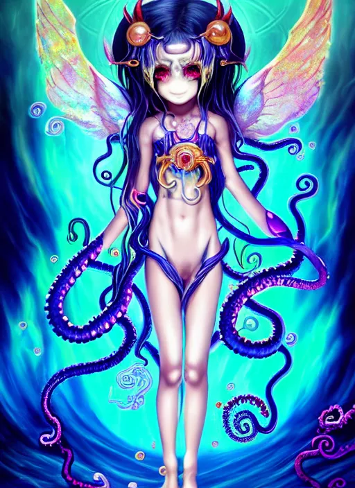 Image similar to A full shot of a chibi girl from the Abyss covered in opals and oil. Symmetrical. Underwater. Dark foreboding Atmosphere. Sailor Moon. Tentacles. Kawaii. Rainbows. Demon Horns, Angel Wings, By Lisa Frank and HR Giger and Ross Tran and ArtGerm and WLOP. Key Art. Fantasy Illustration. award winning, Artstation, intricate details, realistic, Hyperdetailed, 8k resolution. Photoreal. Octane Render.