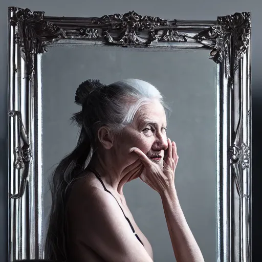 Prompt: an old hag is brushing her hair in front of an ornate mirror, the reflection is of a beautiful young girl, hyper detailed, 4 k octane render