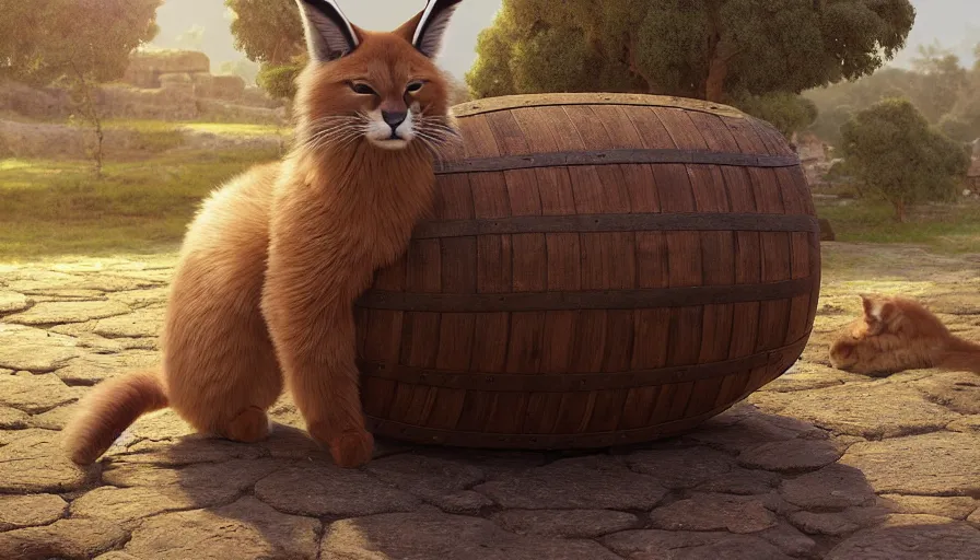 Prompt: wooden barrel on one side, fullbody photo of cute fluffy caracal sitting in it, ancient greek city, sunny day, by ilya kuvshinov, rtx rendering, octane render 1 2 8 k, maya, extreme high intricate details by tom bagshaw, medium shot, close up shot, composition by sana takeda, lighting by greg rutkowski