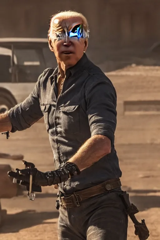 Image similar to [a still of Joe Biden in the movie Mad Max (2015), 4k, HD, high quality, octane]