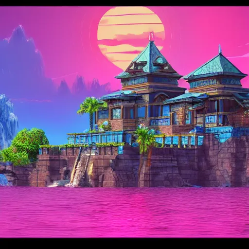 Prompt: ancient palace viewed from the sea, epic retrowave art, trending on art station