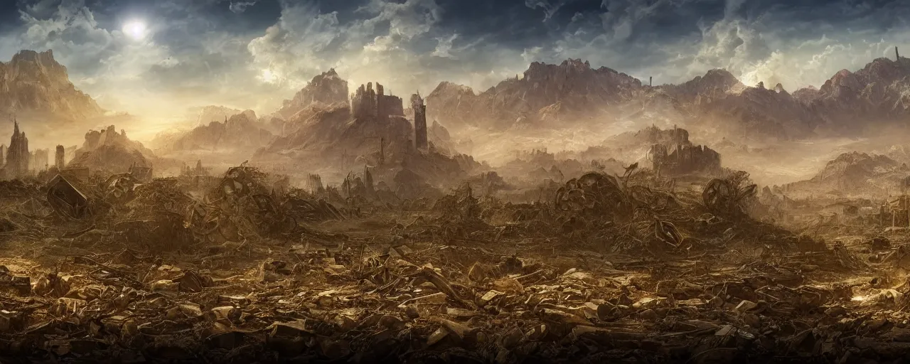 Image similar to apocalypse landscape, ruins and mountain in the background, broken rusty robots scattered on the ground, masterpiece 4k, intricate details, realistic, panoramic view, Hyperdetailed, 8k resolution, intricate art nouveau