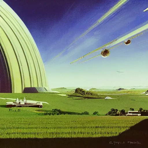 Prompt: A beautiful matte painting of a sci-fi space station with a lush grassy field and agriculture by Syd Mead