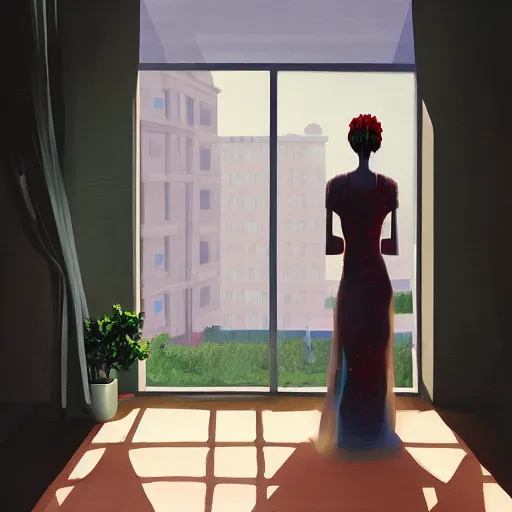 Image similar to giant flower as head, woman next to modern windows, luxury apartment, surreal photography, dramatic light, impressionist painting, digital painting, artstation, james gilleard