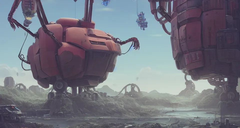 Image similar to Landscape with a GIANT MECHANICAL SHRIMP, looming over the landscape, robot shrimp, cinematic, rendered by simon stålenhag, rendered by Beeple, Makoto Shinkai, syd meade, inspired by Gundam, environment concept, digital art, unreal engine, 3 point perspective, WLOP, trending on artstation, low level, 4K UHD image, octane render,