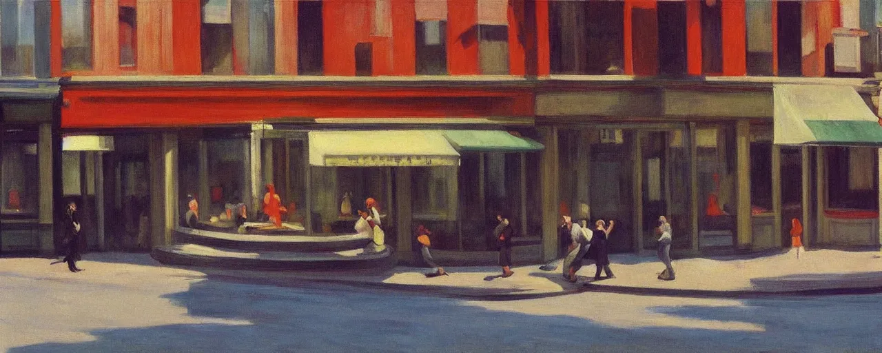 Prompt: an edward hopper style painting of a busy street of ( ( ( ( ( ( ( ( csorna ) ) ) ) ) ) ) ) in hungary on monday may of 1 9 6 2