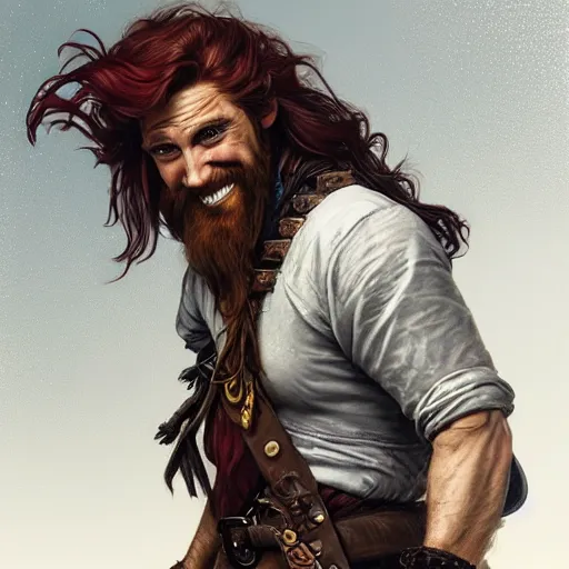 Image similar to portrait of a young ruggedly handsome but joyful pirate, male, masculine, upper body, red hair, long hair, d & d, fantasy, roguish smirk, intricate, elegant, highly detailed, digital painting, artstation, concept art, matte, sharp focus, illustration, art by artgerm and greg rutkowski and alphonse mucha