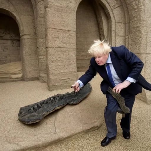 Image similar to boris johnson stealing fossils from a museum