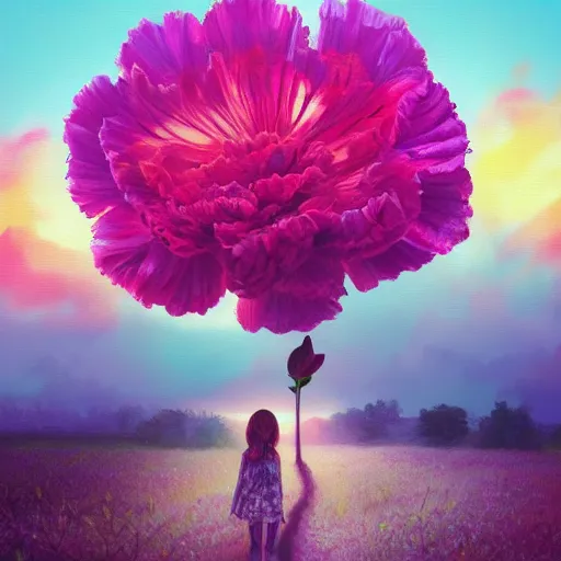 Image similar to giant carnation flower face, girl in a flower field, surreal photography, sunrise dramatic light, impressionist painting, colorful clouds, digital painting, artstation, simon stalenhag, flower face