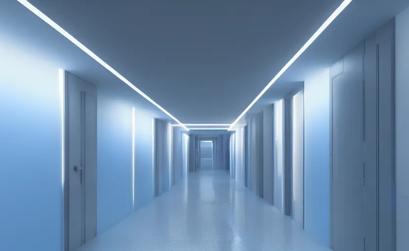 Image similar to an hallway in hospital with soft blue lights in the roof, octane render, artstation trending, highly detailded