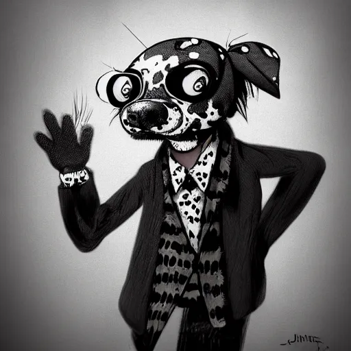 Prompt: black spotted grey dog wearing cool clothes, style of caricature and Junji Ito, 4k, Deviantart