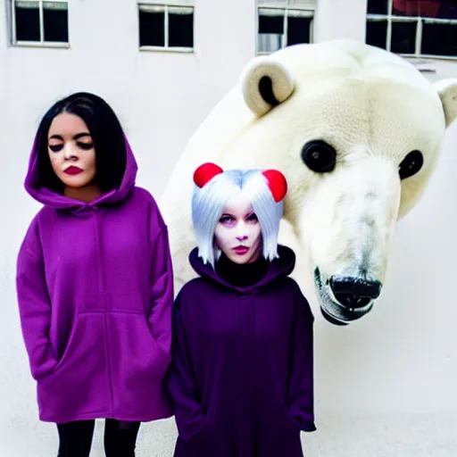 Prompt: two girls, a girl with short white hair and polar bear ears wearing an open black coat, another girl with long black hair wearinga purple hoodie with red eyes