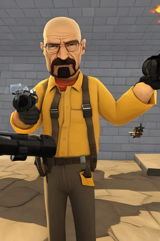 Prompt: Walter White in Team Fortress 2 firing a minigun, in the style of TF2, Gameplay