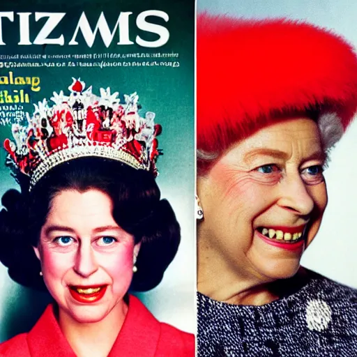 Prompt: Elizabeth II with big googles portrait photo artwork by Slim Aarons in 1965 TIMES magazine cover photo, color