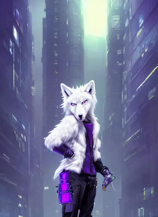 Image similar to award winning beautiful portrait commission of a male furry anthro albino wolf fursona with a tail and a cute beautiful attractive detailed furry face wearing stylish black, purple and yellow cyberpunk biker clothes standing on top of a high rise in a cyberpunk city at night while it rains. Character design by charlie bowater, ross tran, artgerm, and makoto shinkai, detailed, inked, western comic book art