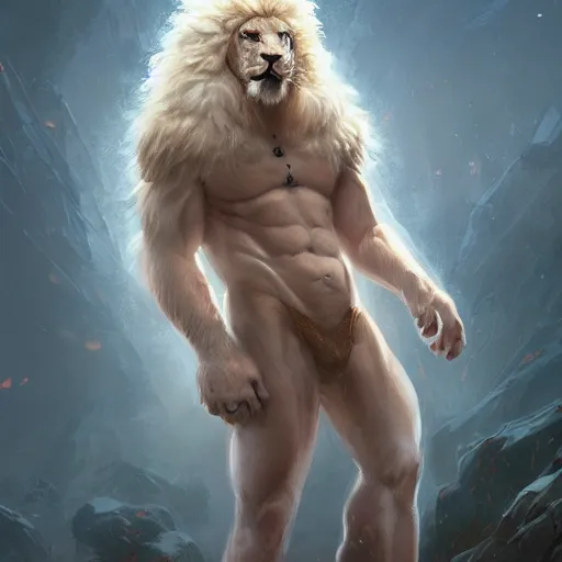 Image similar to commission portrait of a fit albino male lion,anthro,character design by charles bowater,greg rutkowski,ross tran,hyperdetailed,hyperrealistic,4k,deviantart,artstation,professional photography,concept art