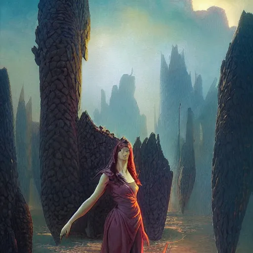 Image similar to fantasy painting with a woman in a surreal environment by Greg Rutkowski and Michael Whelan